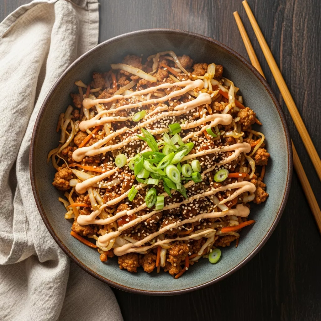 Close-up overhead shot of egg roll in a bowl with turkey, cabbage, and spicy mayo drizzle