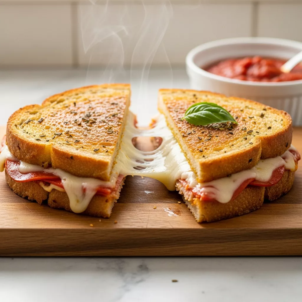 Close up macro shot of a garlic butter pizza grilled cheese sandwich with melted mozzarella and turkey turkey pepperoni