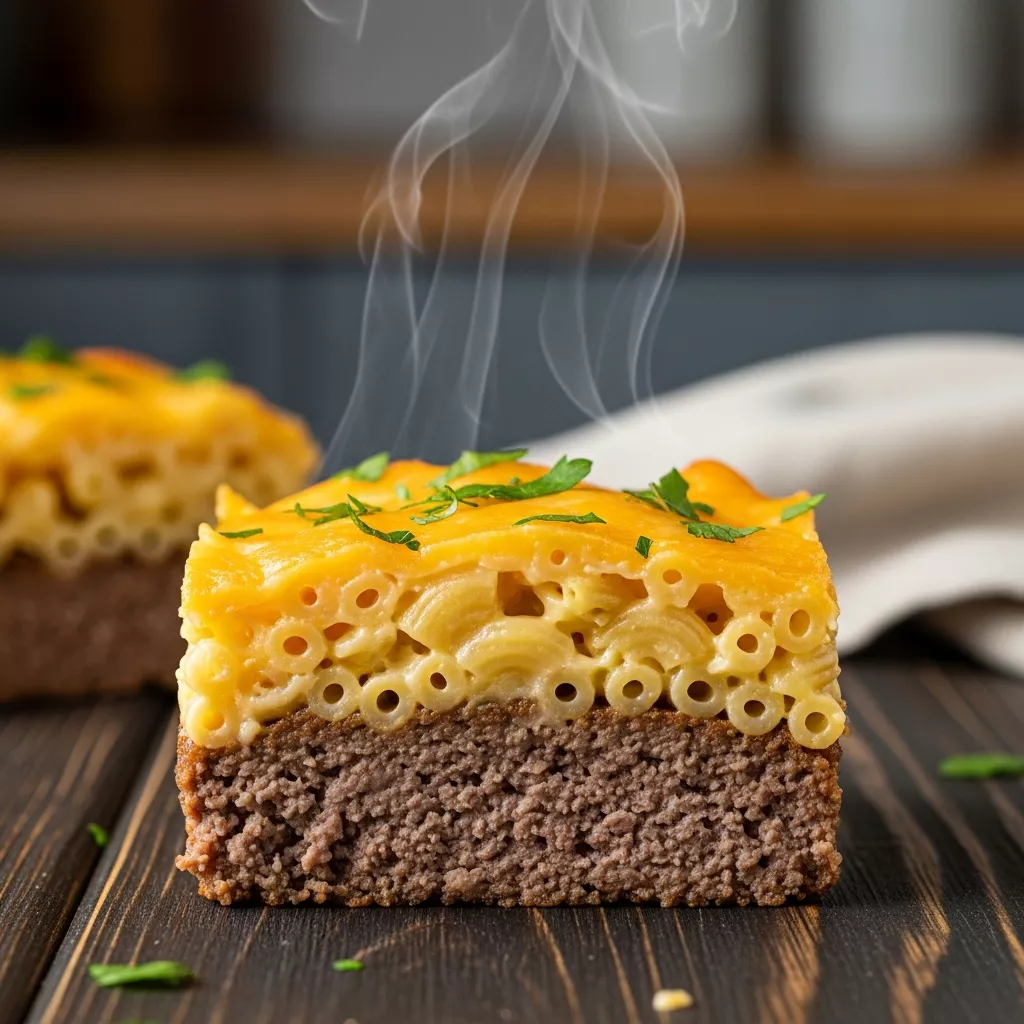 Close-up of a slice of mac and cheese meatloaf casserole with fresh parsley garnish