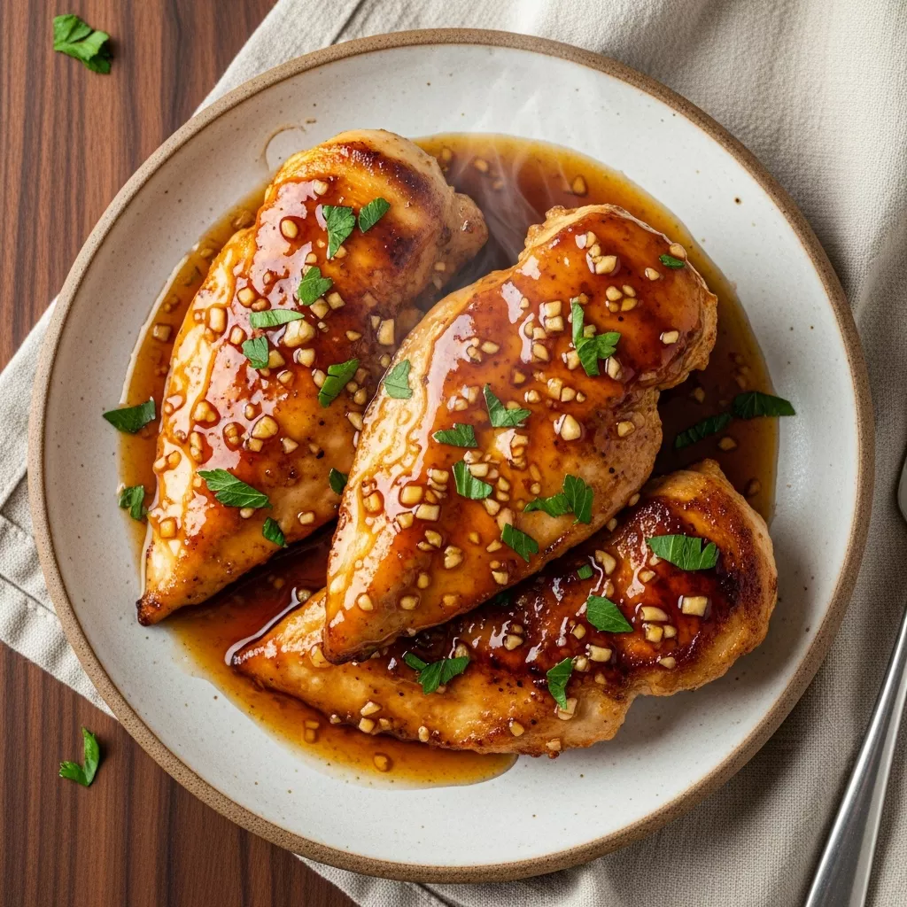 Close-up top view of sticky honey garlic chicken breast on a white plate