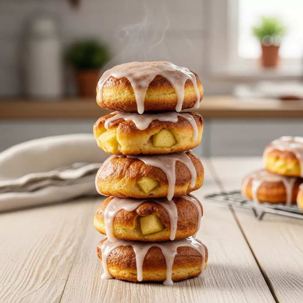 Stack of homemade glazed apple fritter bites on a rustic wooden table