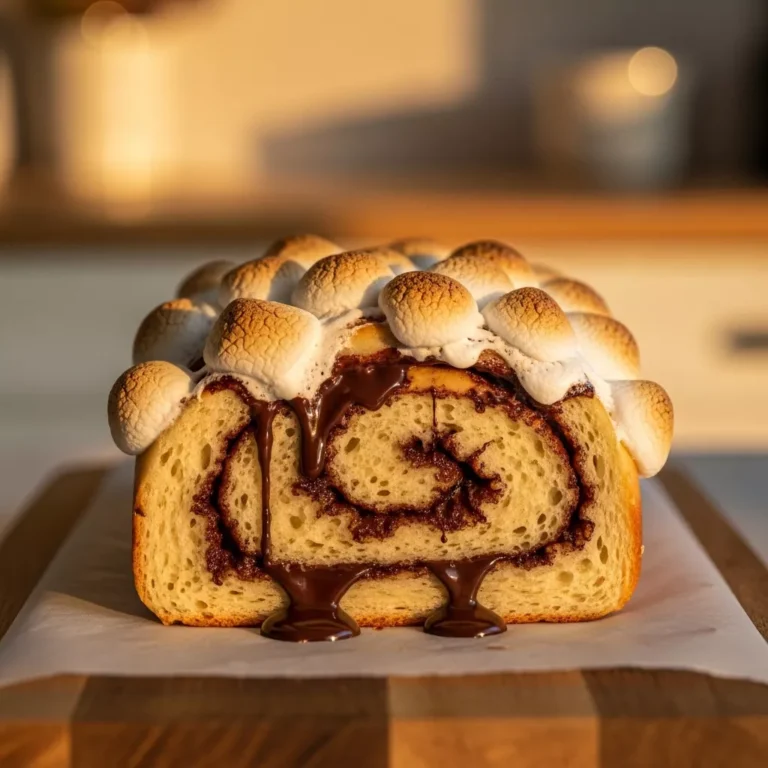 smores rolls recipe Side view of a fluffy s'mores roll showing melted chocolate dripping down the side