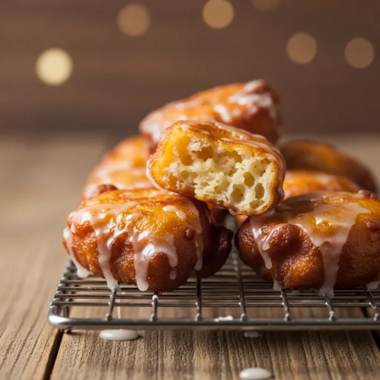 Side view of glazed apple fritter bites on a cooling rack