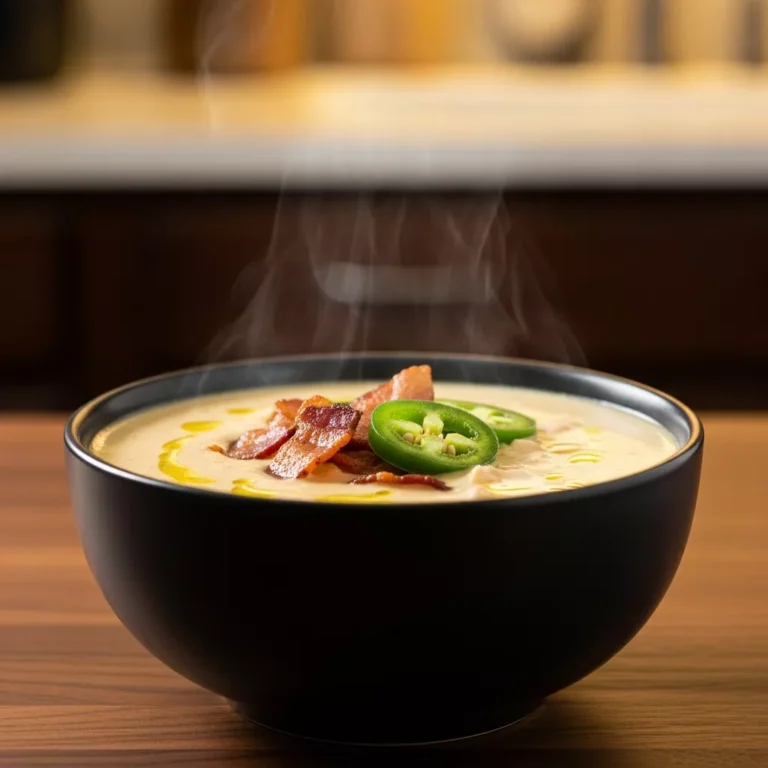 Side view of a bowl of jalapeño popper chicken soup showing creamy texture