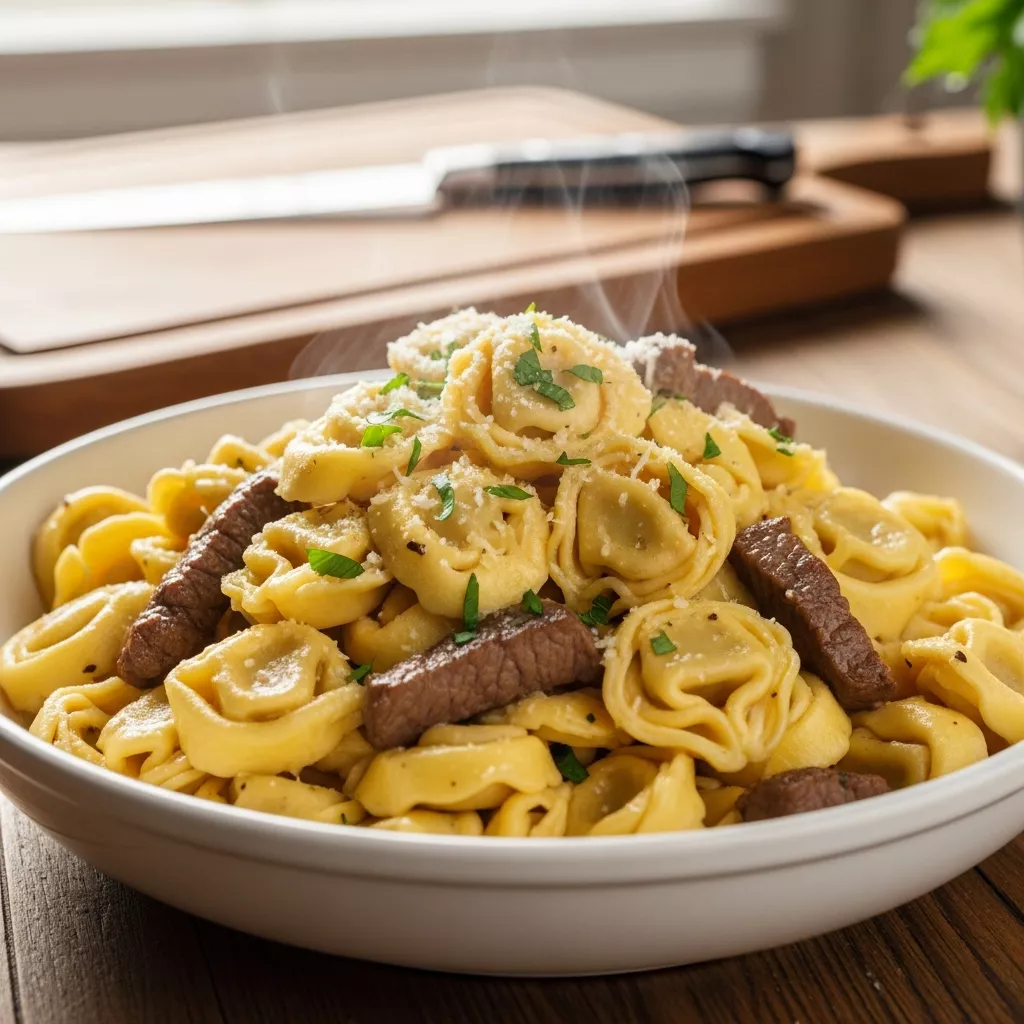 Close-up of delicious garlic steak tortellini