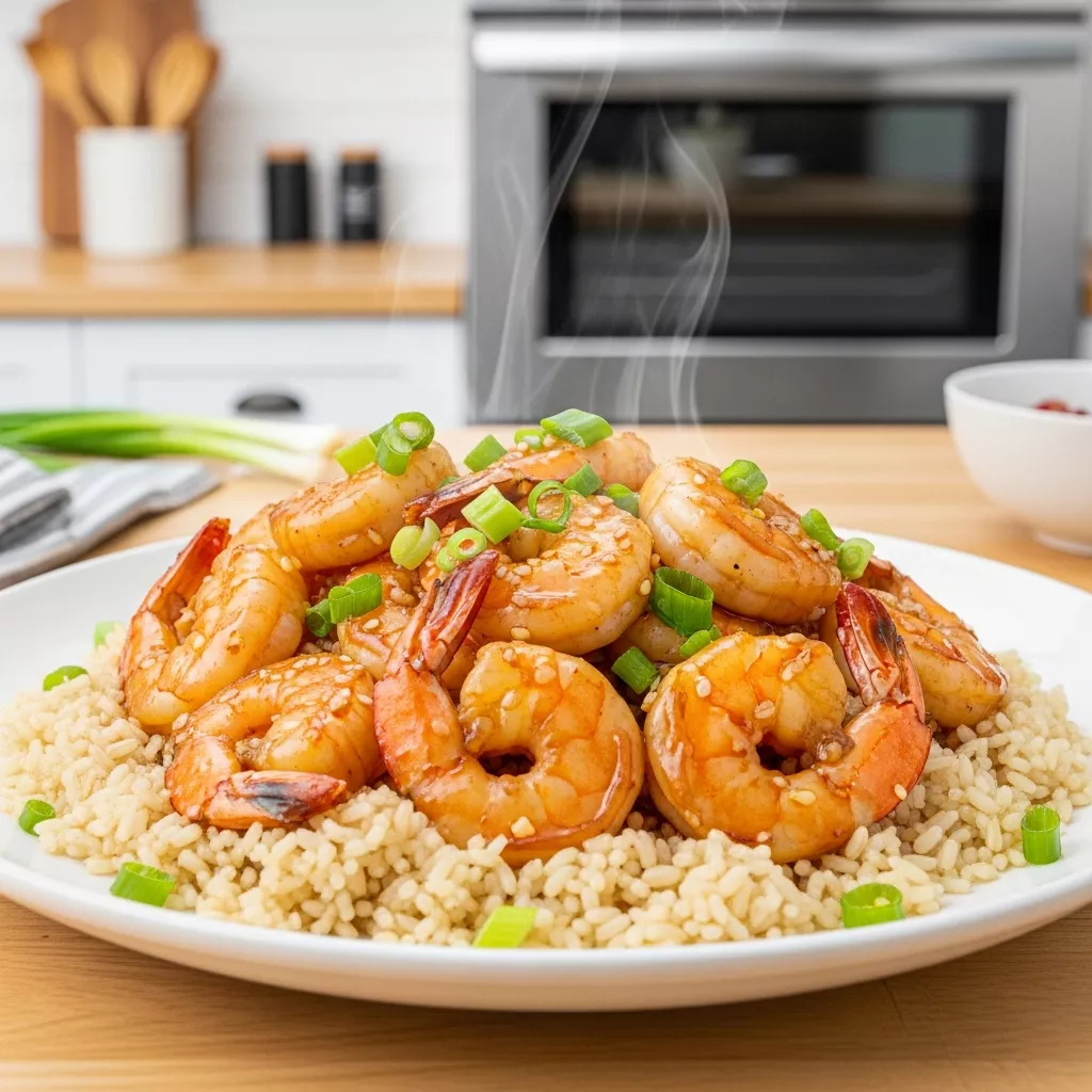 Close-up of delicious honey garlic shrimp served over brown rice