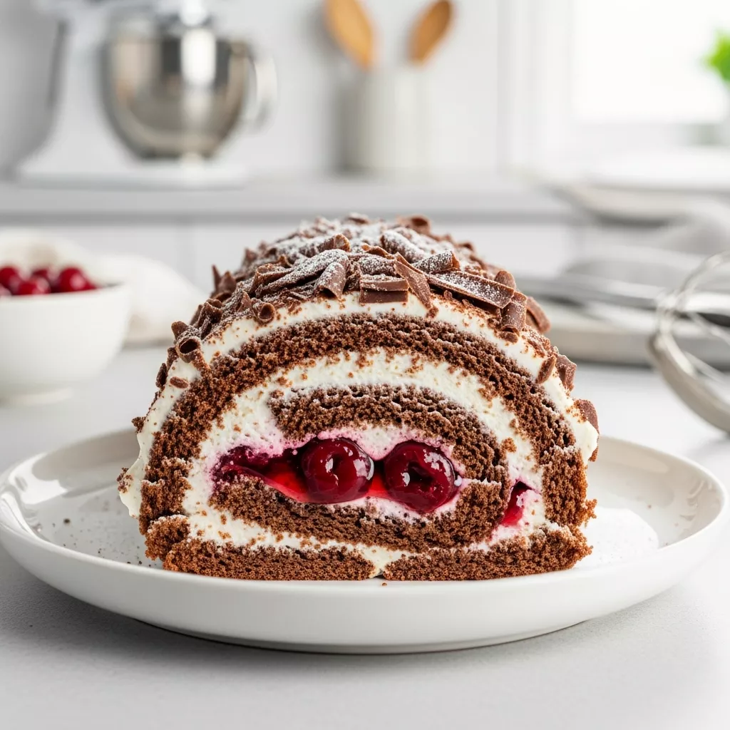 Delicious slice of homemade black forest cake roll with cherries and chocolate
