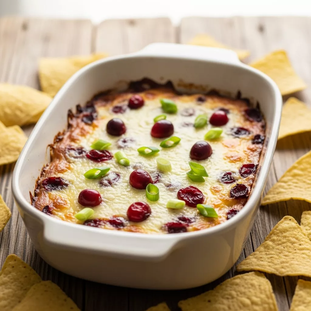 Delicious homemade cranberry jalapeno dip served warm with tortilla chips