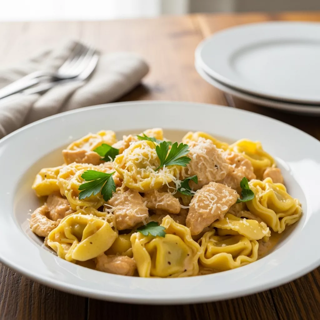 Close-up of delicious Spicy Garlic Butter chicken tortellini recipe in a bowl