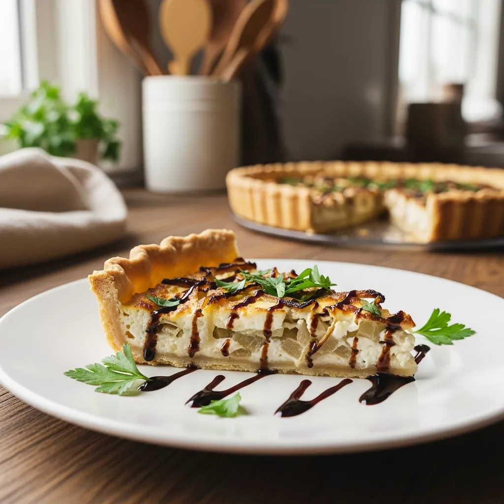 Close-up of a slice of tennessee onion tart with parsley garnish