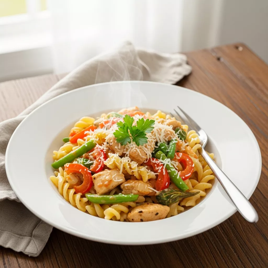Close-up of delicious chicken pasta primavera