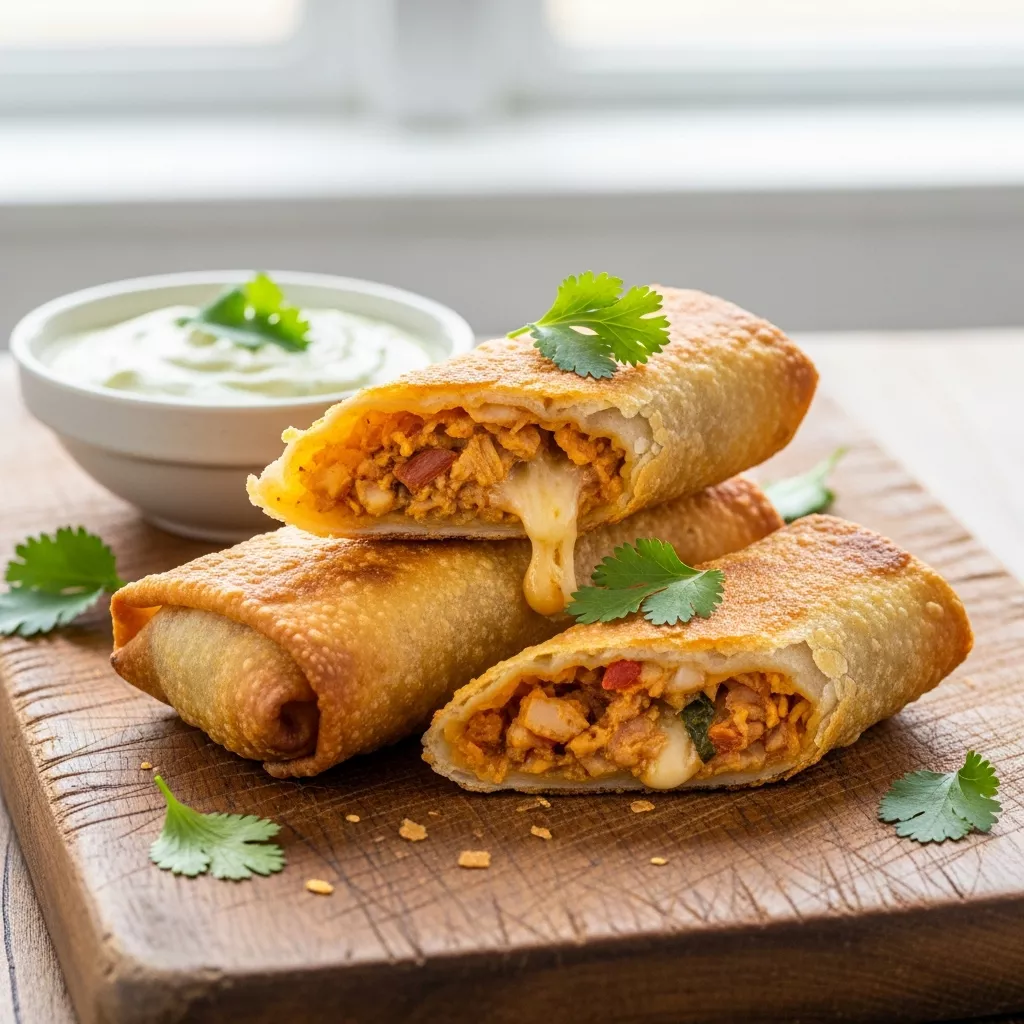 Close-up of delicious Southwest egg rolls recipe with avocado ranch dipping sauce