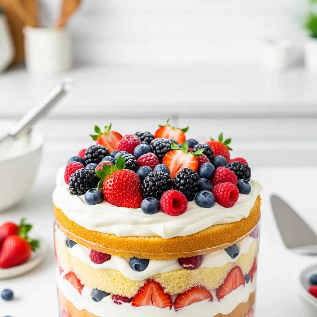 Delicious homemade berry trifle cake with fresh berries and creamy layers