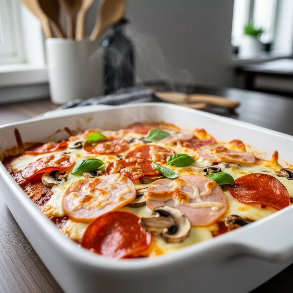 Close-up of delicious low carb pizza casserole
