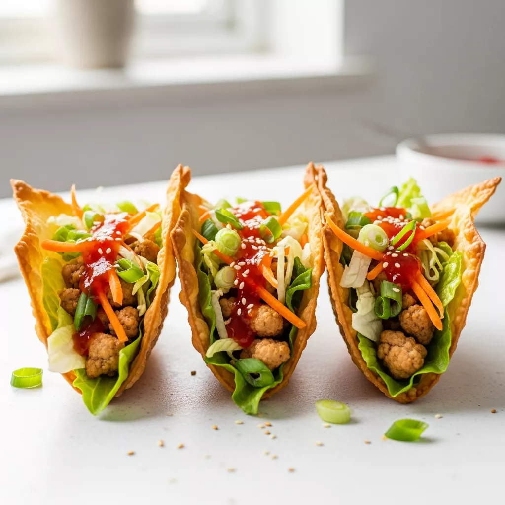 Close-up of delicious crispy chicken wonton tacos