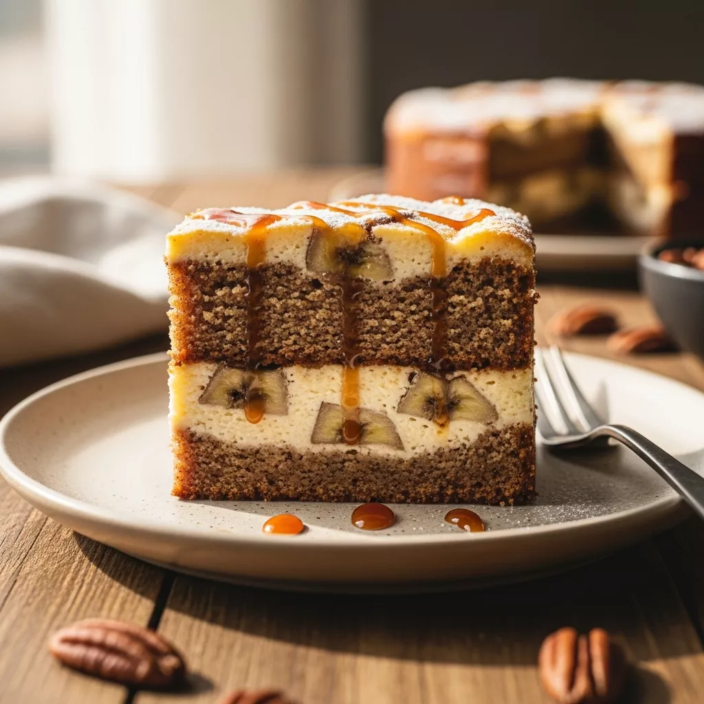 Close-up of a delicious slice of banana bread cheesecake