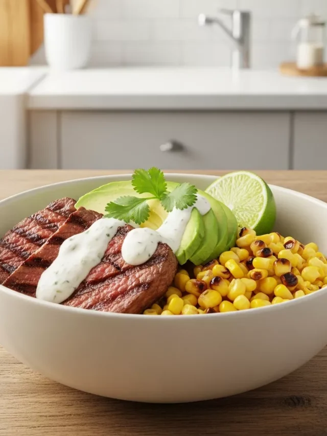 Delicious Steak Avocado Corn Bowl With Cilantro Cream (Web Story)