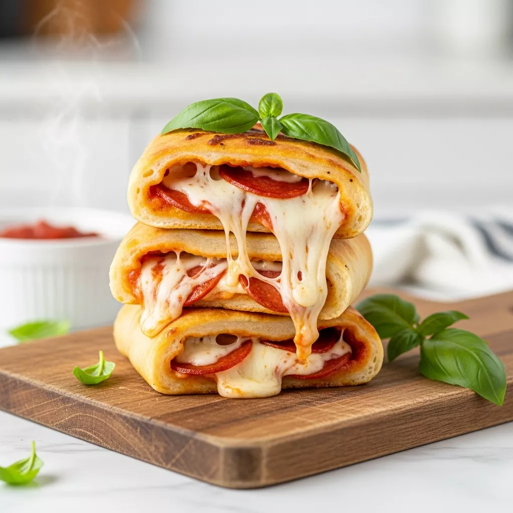 Delicious stack of homemade high protein pizza rolls with turkey turkey turkey turkey pepperoni and fresh basil