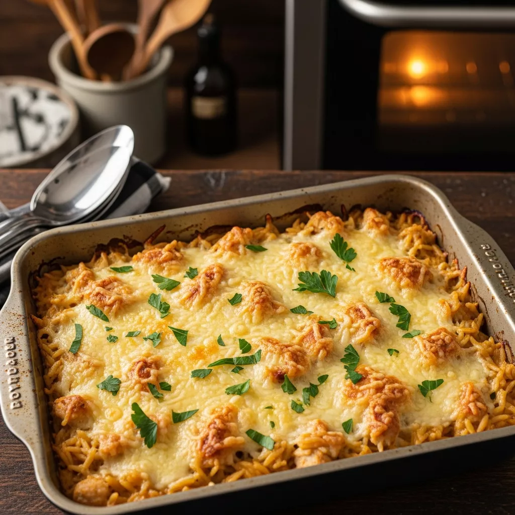 Close-up of a delicious French Onion Chicken Orzo Casserole