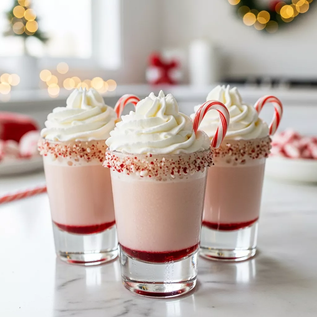 Close-up of festive peppermint christmas shots garnished with whipped cream and candy canes