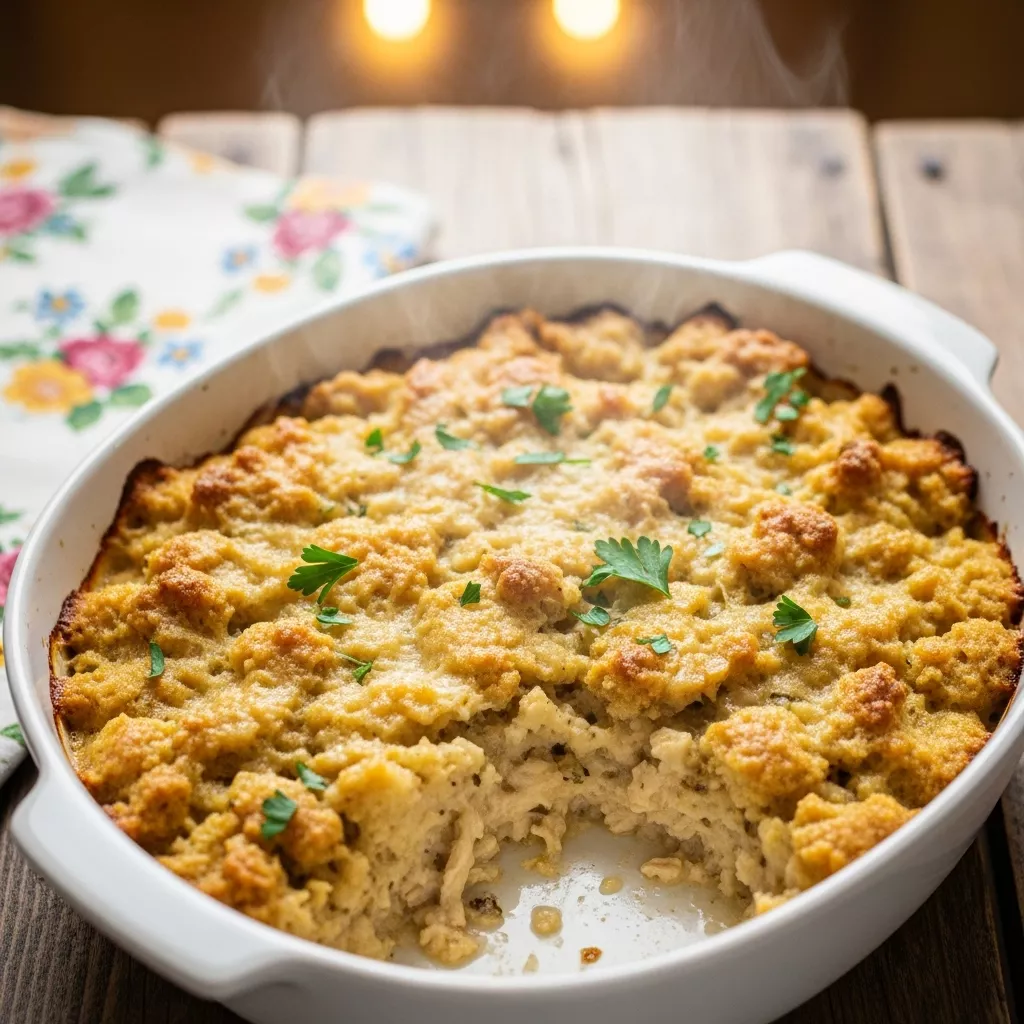 Delicious Dolly's chicken stuffing casserole fresh from the oven