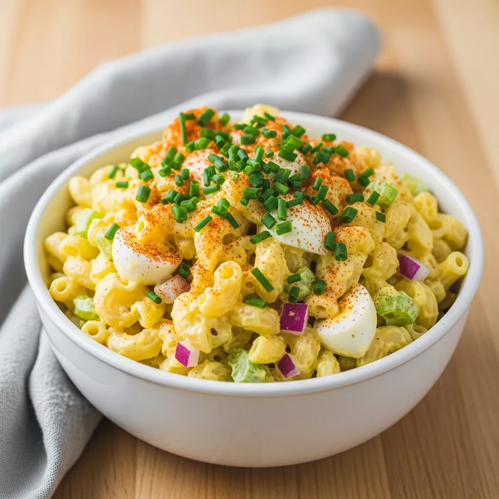 Ultimate deviled egg macaroni salad recipe, creamy and vibrant, garnished with chives and paprika in a white bowl