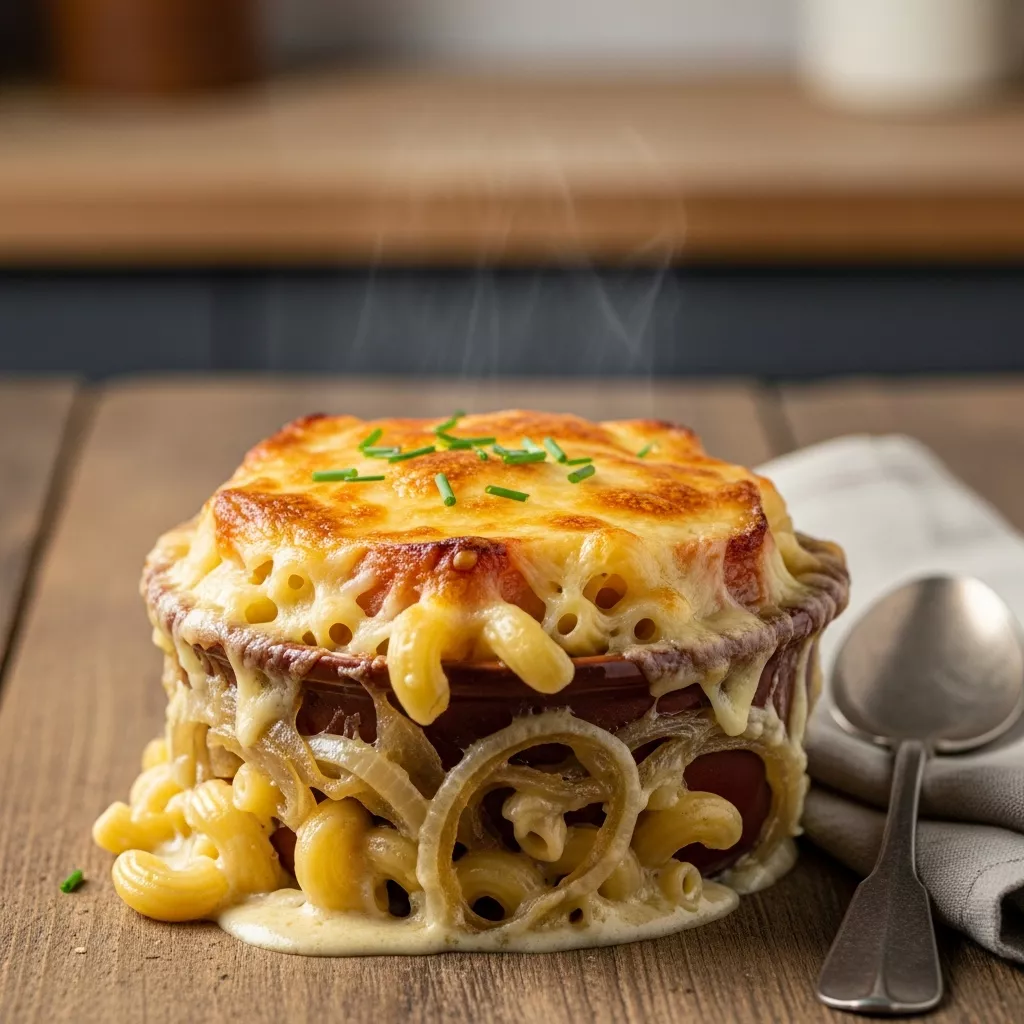 A bubbling, golden-crusted individual serving of French Onion Soup Mac & Cheese in a ceramic crock, showcasing the creamy pasta, caramelized onions, and melted Gruyère cheese. This ultimate french onion mac and cheese is ready to be enjoyed
