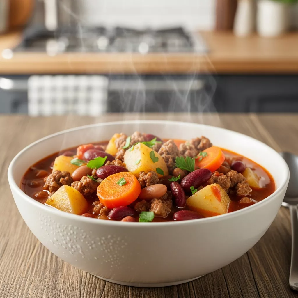 A macro close-up of a steaming bowl of hearty crock pot shipwreck stew, garnished with fresh parsley, on a rustic wooden table