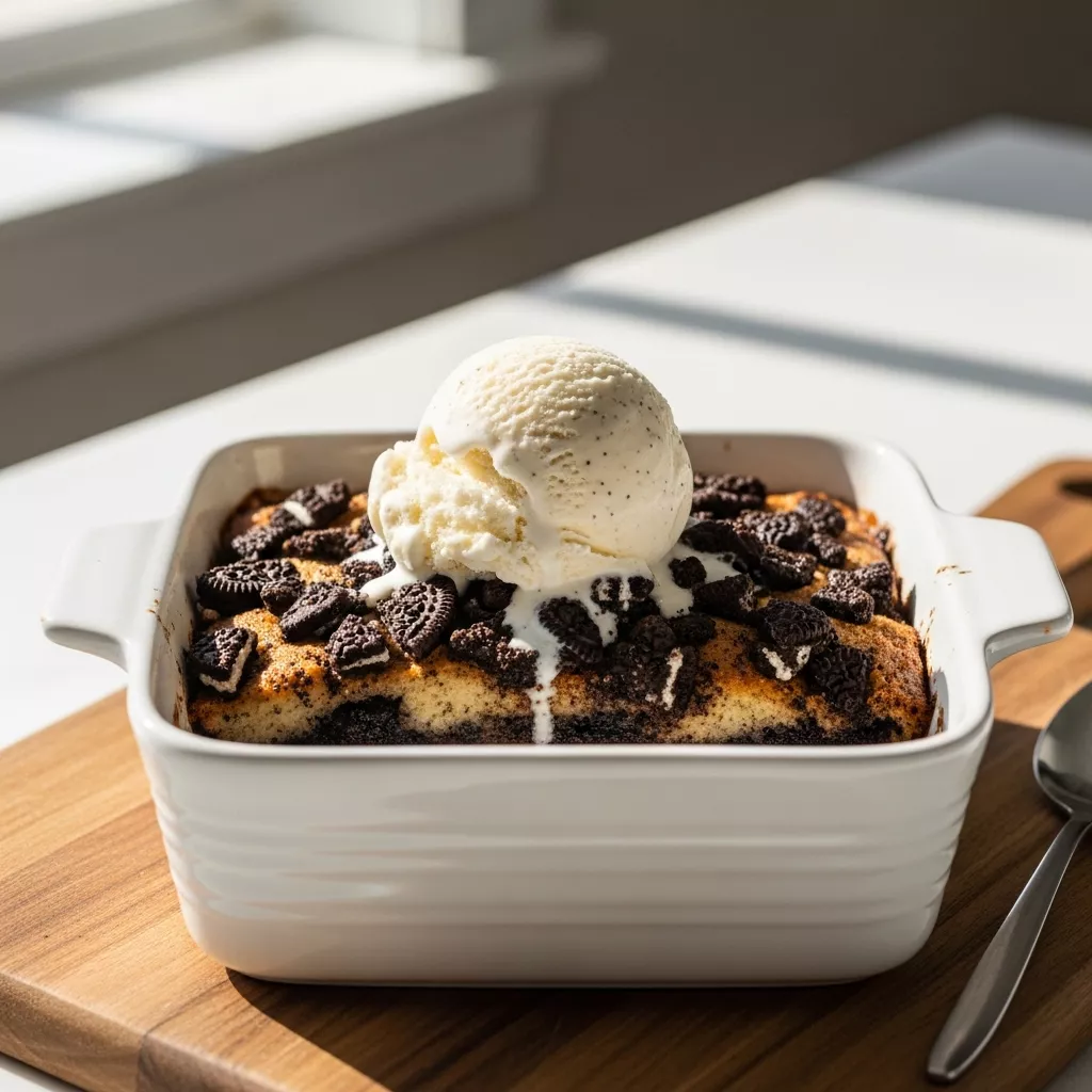 A close-up, direct-angle shot of a warm, gooey easy oreo dump cake slice topped with melting vanilla ice cream and chocolate syrup, served in a white baking dish on a rustic wooden board