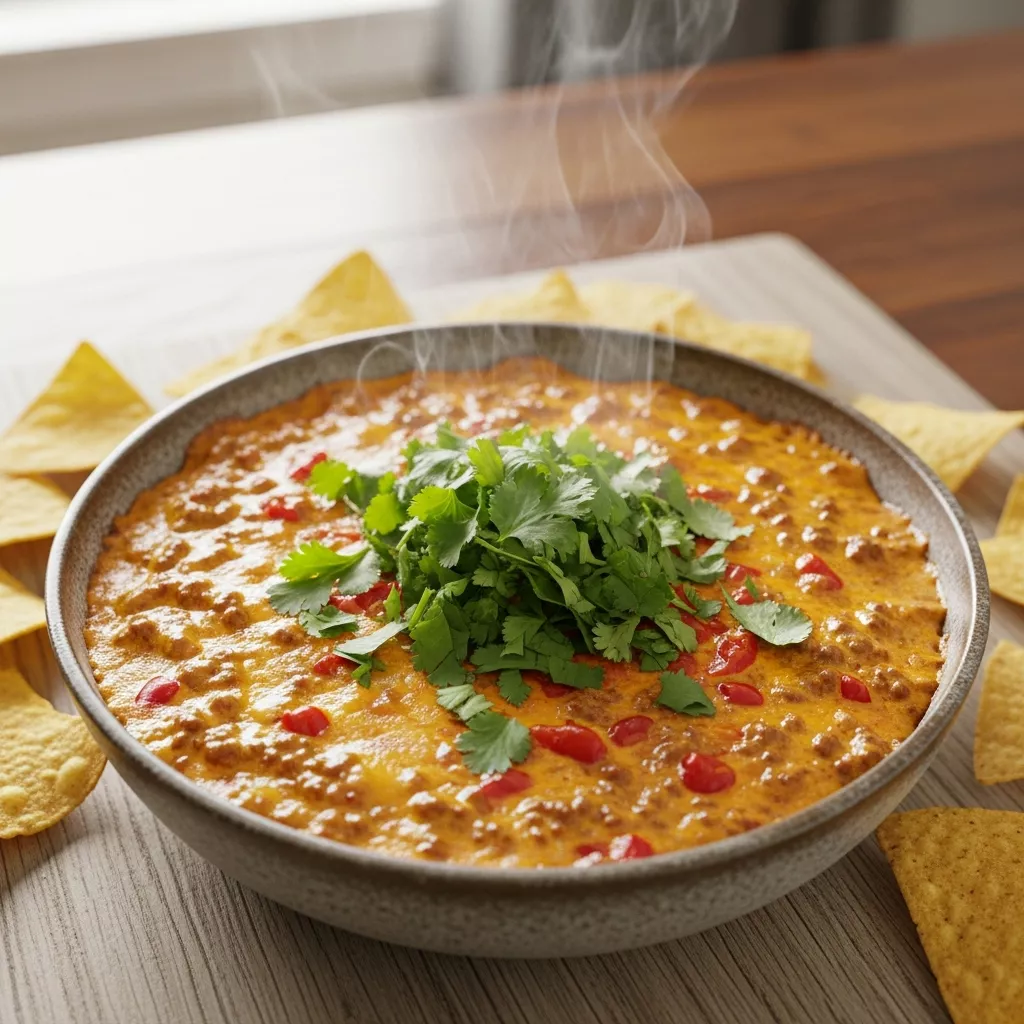 A macro close-up of a warm, creamy, and savory 54th street gringo dip copycat in a rustic ceramic bowl, garnished with fresh cilantro and surrounded by tortilla chips, ready for dipping