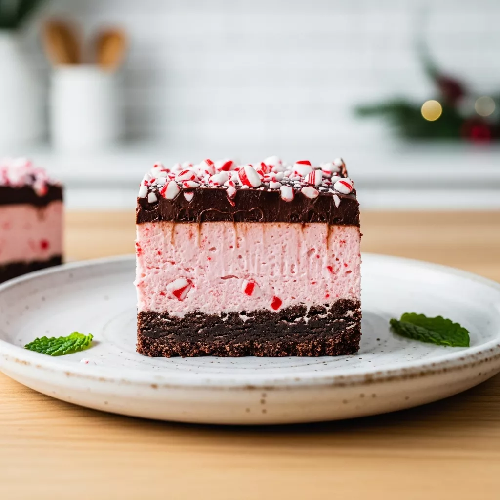 easy no bake peppermint bars macro close-up with distinct layers of chocolate crust, pink peppermint filling, ganache, and candy canes on a white plate