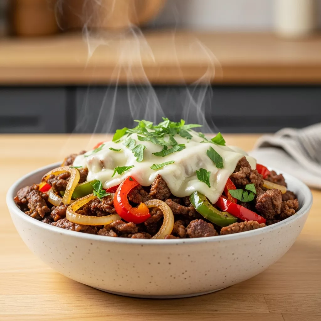A close-up, direct view of a delicious Keto Philly Cheesesteak Bowl, featuring tender steak, caramelized vegetables, and melted provolone cheese, garnished with fresh parsley, on a light wood surface. This low-carb, keto Philly cheesesteak bowl is ready to eat