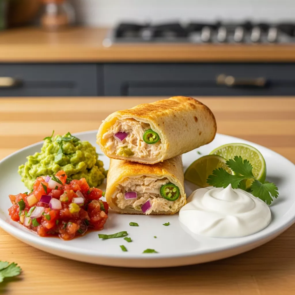 Crispy golden baked chicken taquitos with zesty cream cheese filling, served with guacamole, salsa, and sour cream