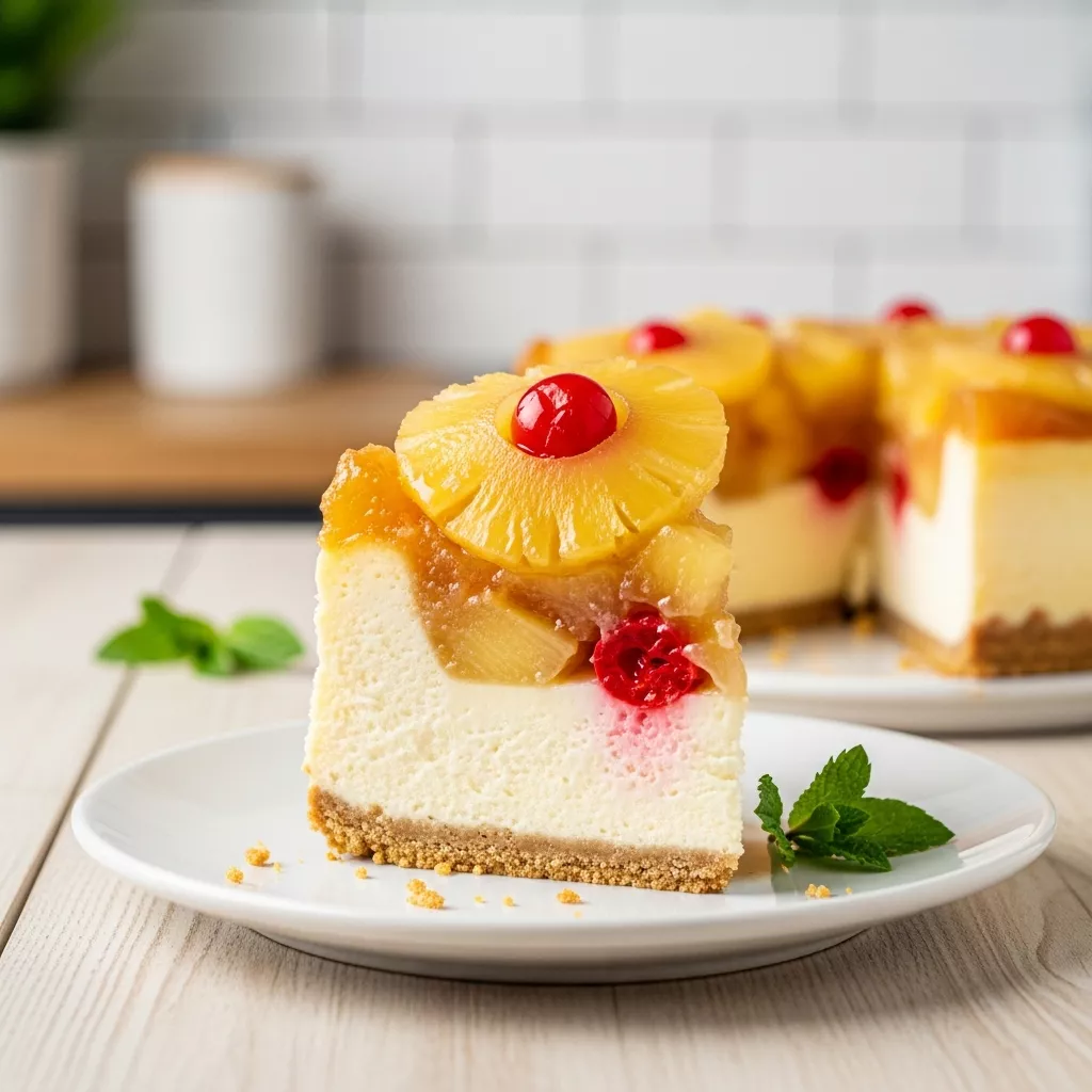 A close-up, direct view of a perfectly sliced Tropical Pineapple Upside-Down Cheesecake on a white plate, showcasing the vibrant pineapple and cherry topping, creamy cheesecake, and golden crust, ideal for a delicious pineapple cheesecake recipe