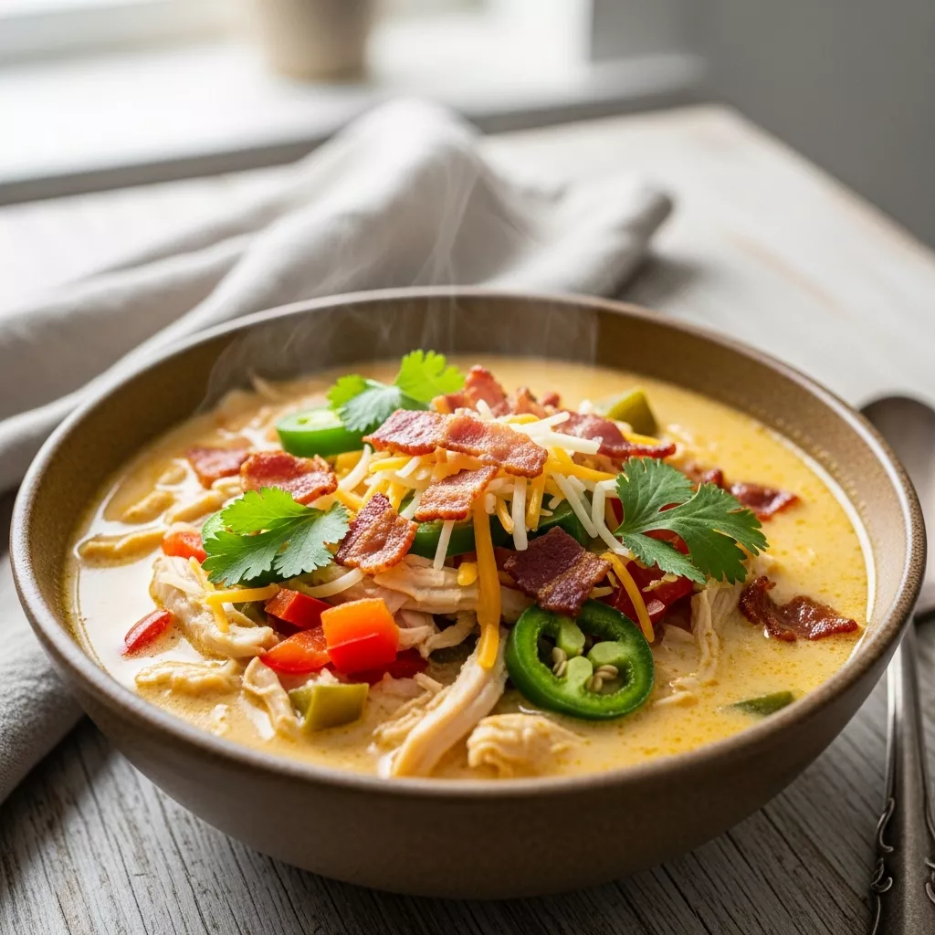 A close-up, steaming bowl of creamy jalapeno popper chicken soup garnished with crispy turkey turkey bacon, fresh cilantro, and shredded cheese, served on a rustic wooden table