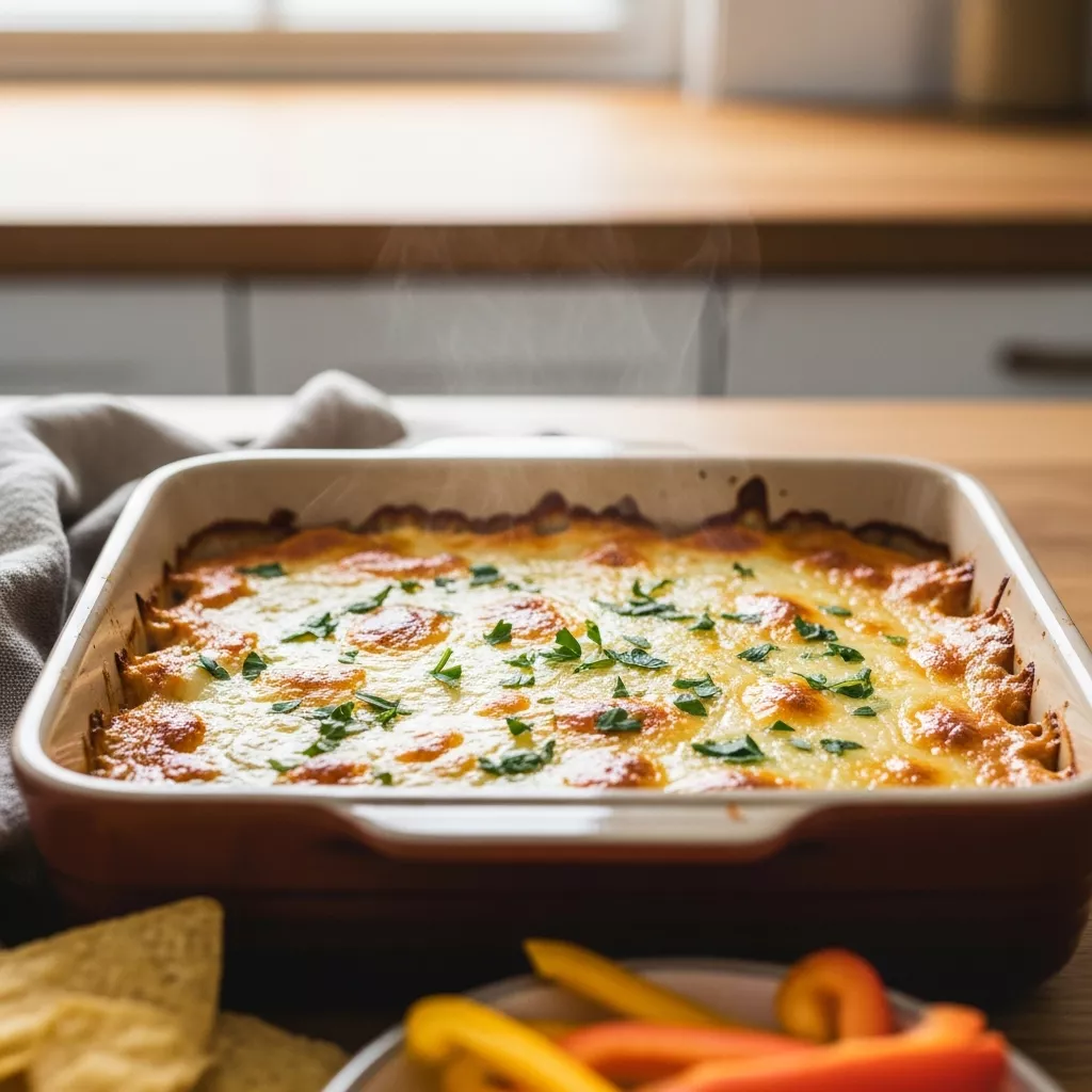 A close-up shot of a hot, bubbling creamy banana pepper chicken dip in a ceramic baking dish, garnished with fresh parsley, surrounded by dippers