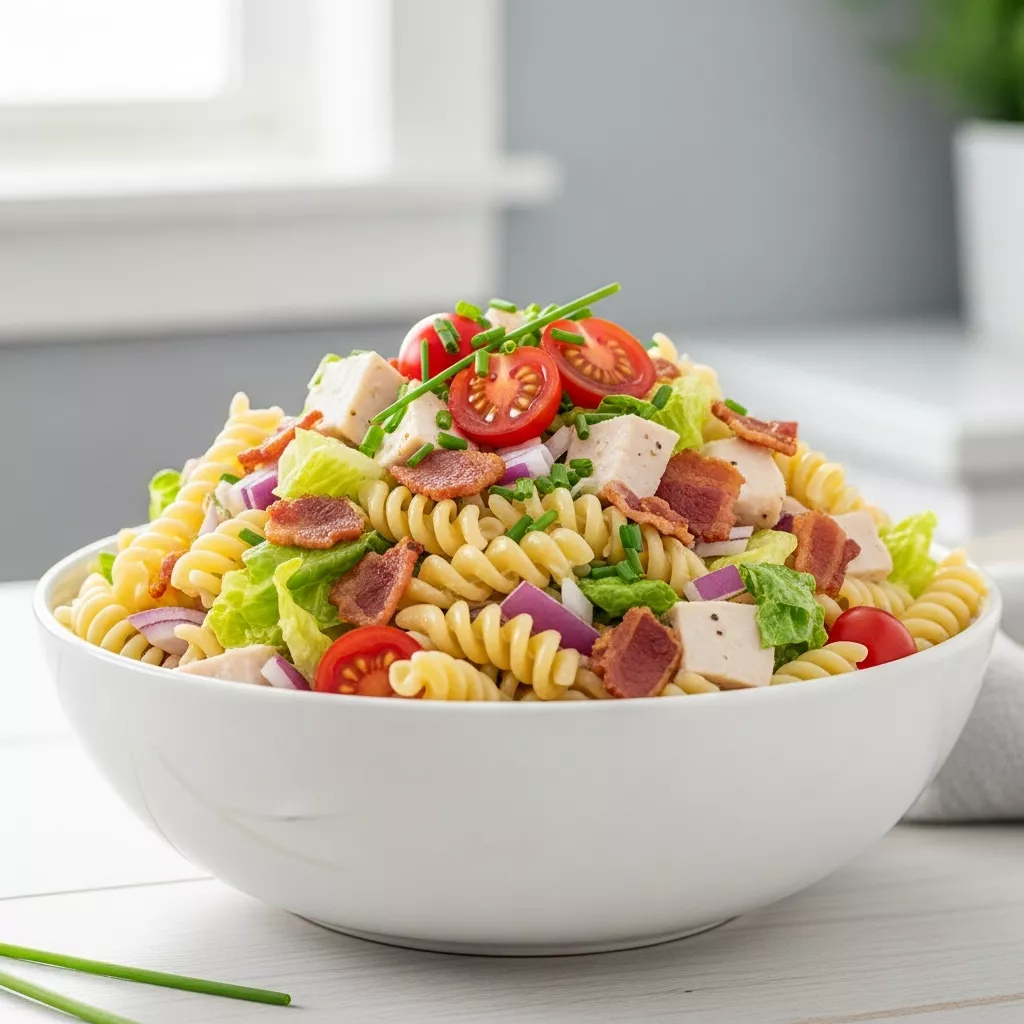 A close-up of a delicious Club Sandwich Pasta Salad in a white bowl, garnished with fresh chives and cherry tomatoes, perfect for a picnic or potluck