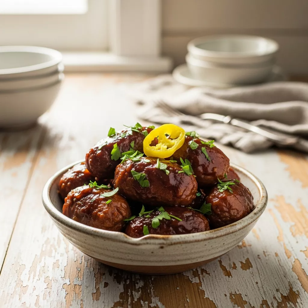 A close-up, direct shot of slow cooker mississippi sausages in a rustic ceramic bowl, garnished with fresh parsley, on a wooden counter
