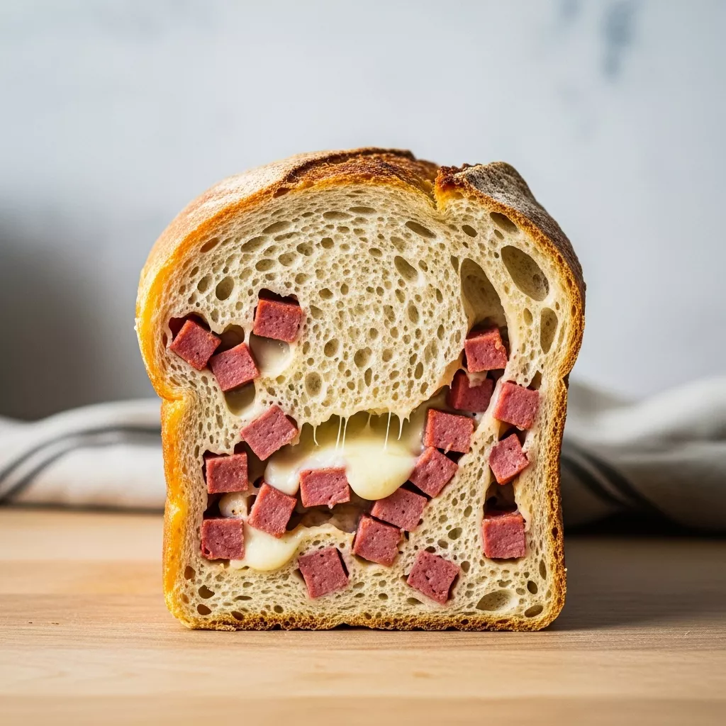 A close-up, direct shot of a thick slice of freshly baked cheesy turkey turkey turkey turkey pepperoni sourdough bread on a wooden board, revealing melted cheese and diced turkey turkey turkey turkey pepperoni
