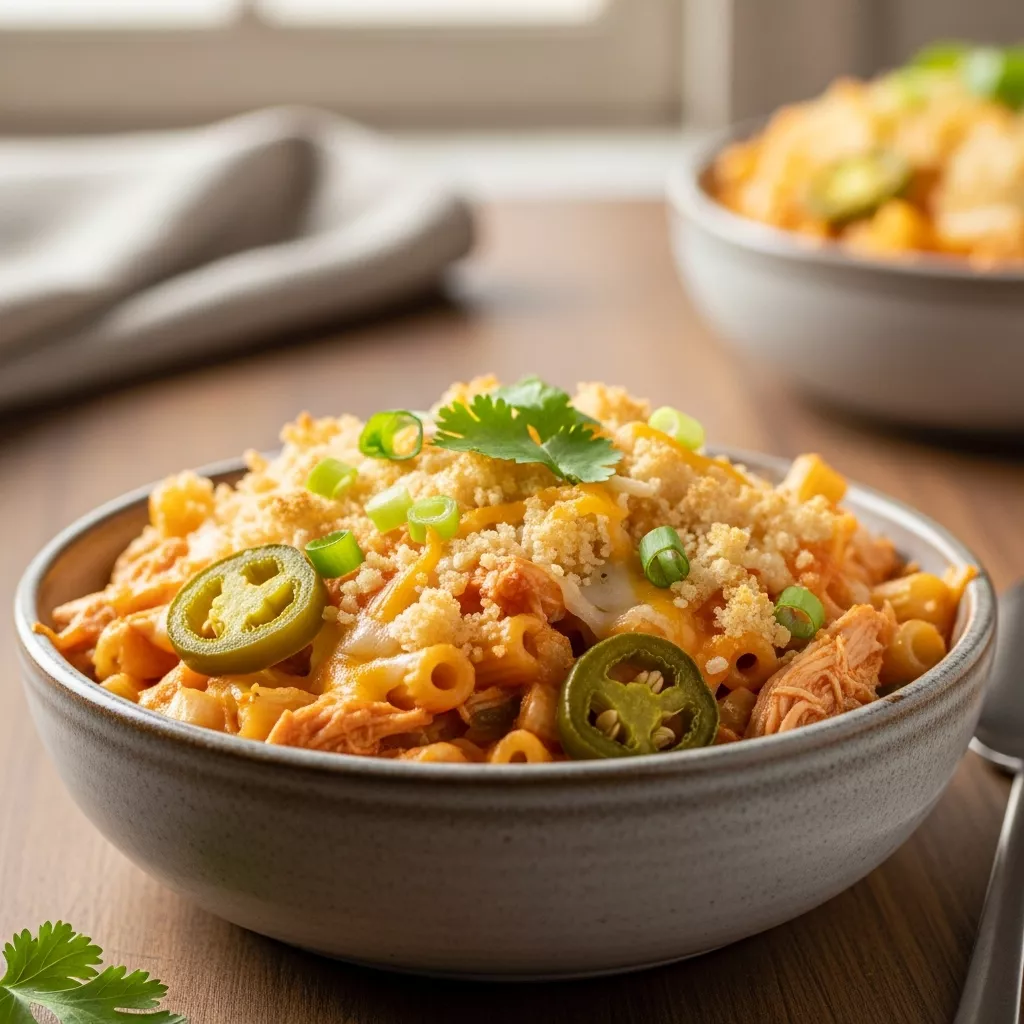 Spicy jalapeño buffalo chicken casserole, a close-up of a serving in a rustic bowl, garnished with green onions and cilantro