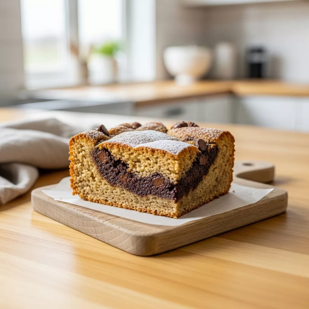 Ultimate Banana Bread Brownie Bars recipe, a close-up of a square bar showing marbled banana and chocolate layers