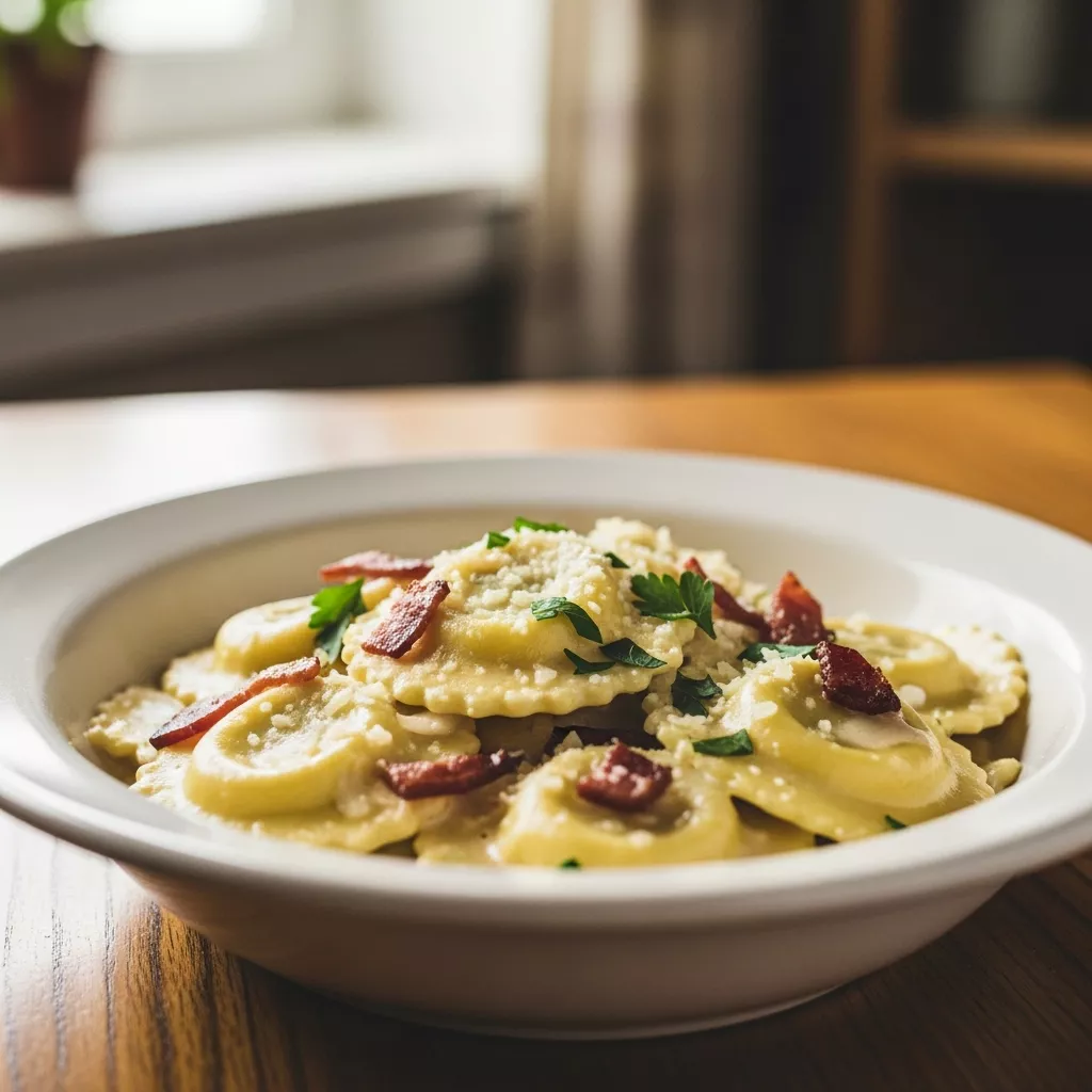 A close-up of a rustic white bowl overflowing with creamy carbonara ravioli, garnished with crispy turkey turkey turkey bacon, fresh parsley, and grated cheese, set on a wooden table. This indulgent pasta dish is perfectly centered and captures the essence of homemade comfort food