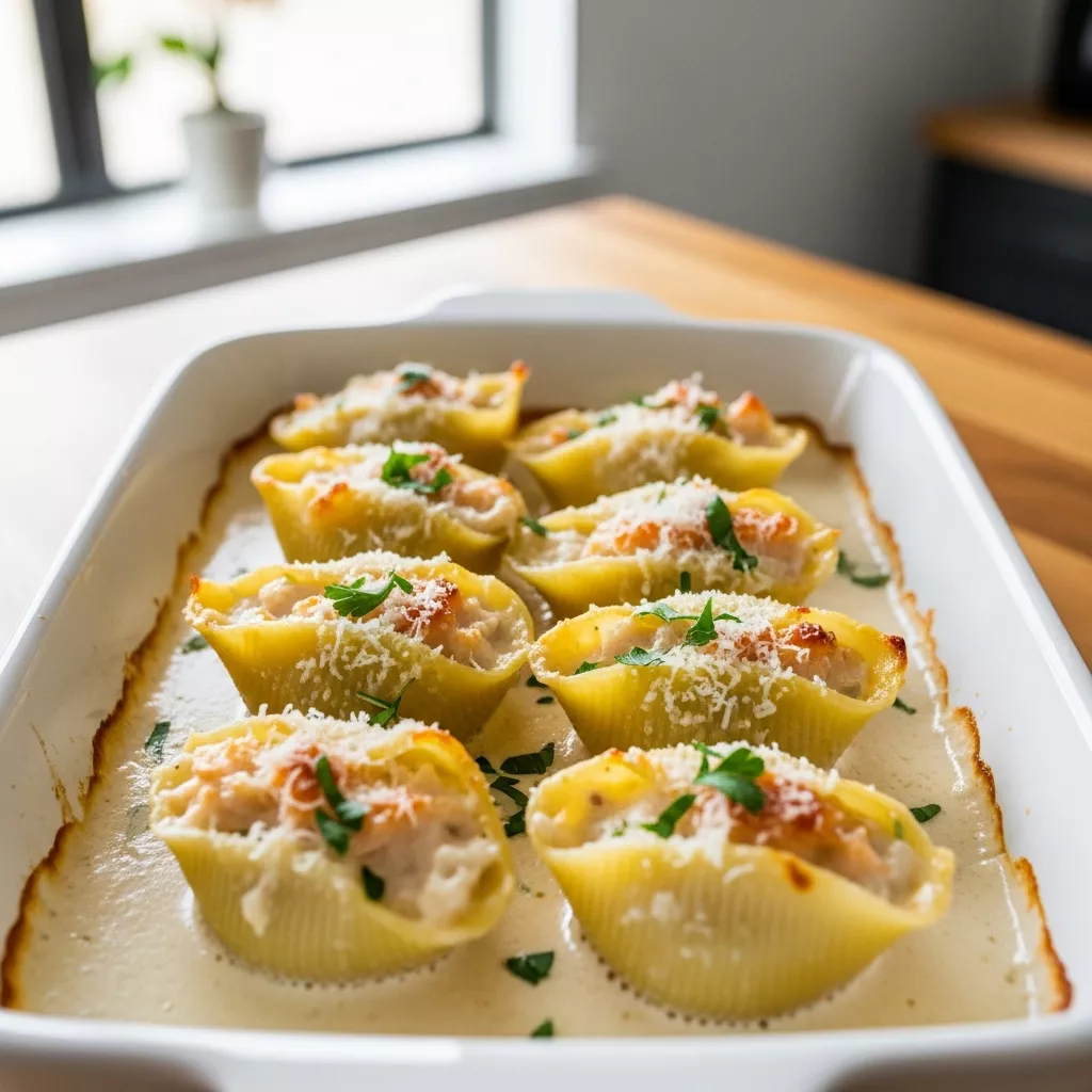 A close-up of creamy seafood stuffed shells baked in a white ceramic dish, garnished with parsley and Parmesan