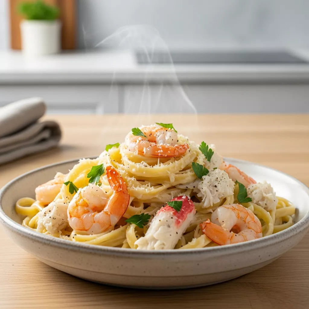 Creamy one pot shrimp and crab alfredo in a rustic bowl, garnished with parsley and Parmesan, on a light wood counter