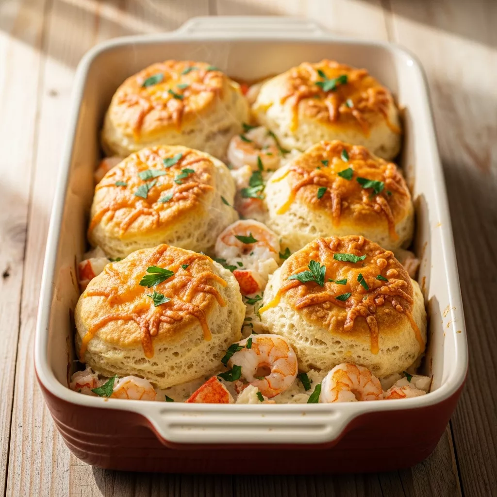Shrimp lobster pot pie Close-up of a golden-brown Shrimp & Lobster Cheddar Bay Biscuit Pot Pie in a ceramic baking dish, garnished with fresh parsley, highlighting its rich, creamy filling and cheesy biscuit topping