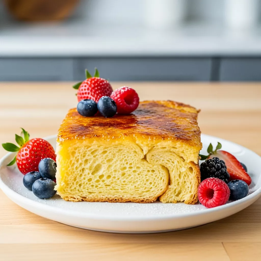 A close-up of a golden-brown Ultimate Crème Brûlée French Toast Bake slice, topped with a crackly caramelized sugar crust and fresh berries on a white plate
