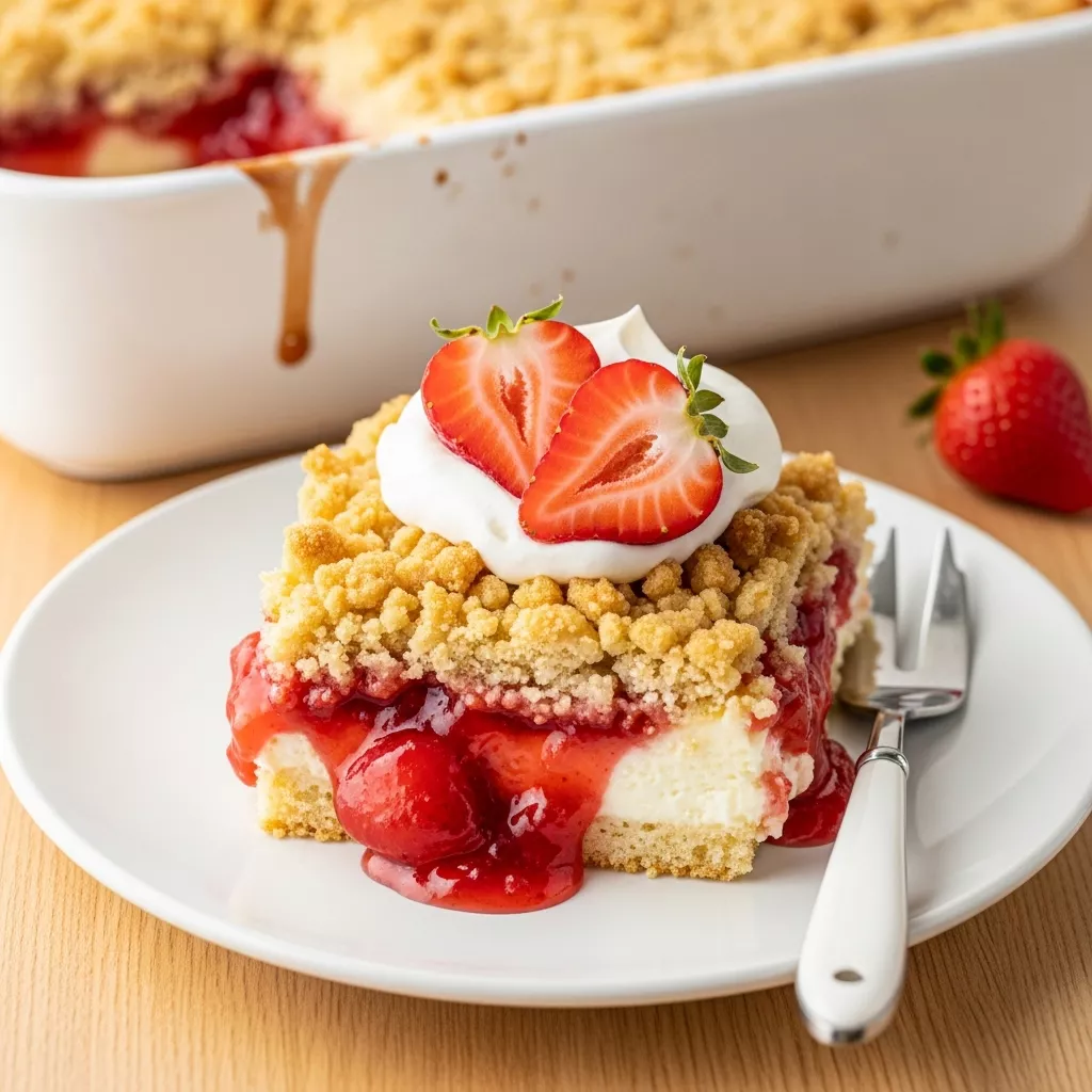 A warm, golden-brown easy strawberry cheesecake dump cake, topped with fresh whipped cream and sliced strawberries, served on a white plate