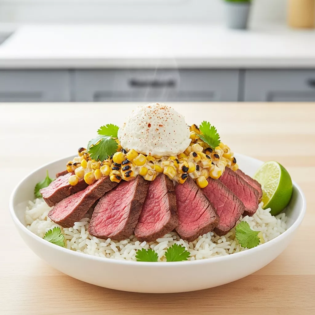 A close-up, vibrant Zesty Street Corn Steak Rice Bowl, featuring tender steak, creamy charred corn, fluffy rice, fresh cilantro, and a lime wedge. This delicious street corn steak rice bowls image highlights the rich flavors