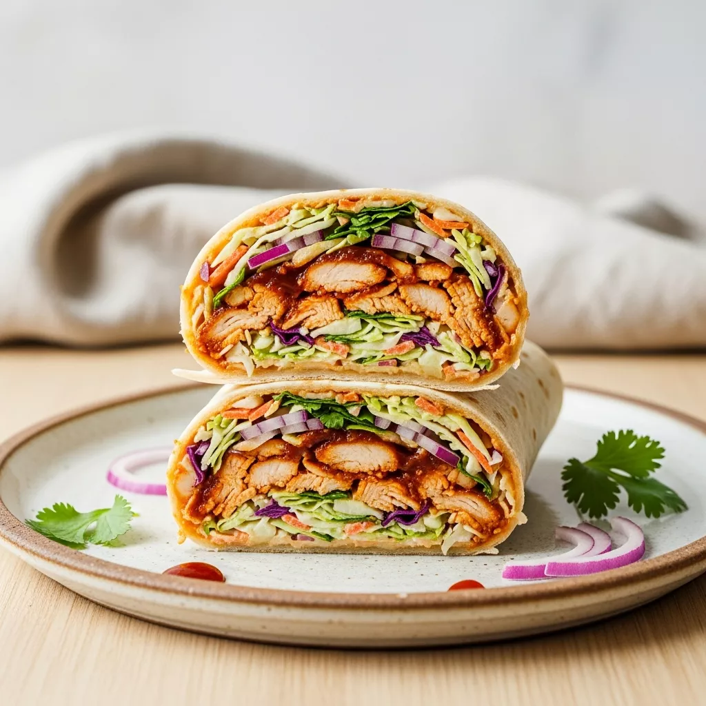 A close-up of a delicious Zesty BBQ Chicken Coleslaw Wrap, sliced in half, showcasing the tender bbq chicken coleslaw wraps and creamy slaw inside. Garnished with fresh cilantro and red onion