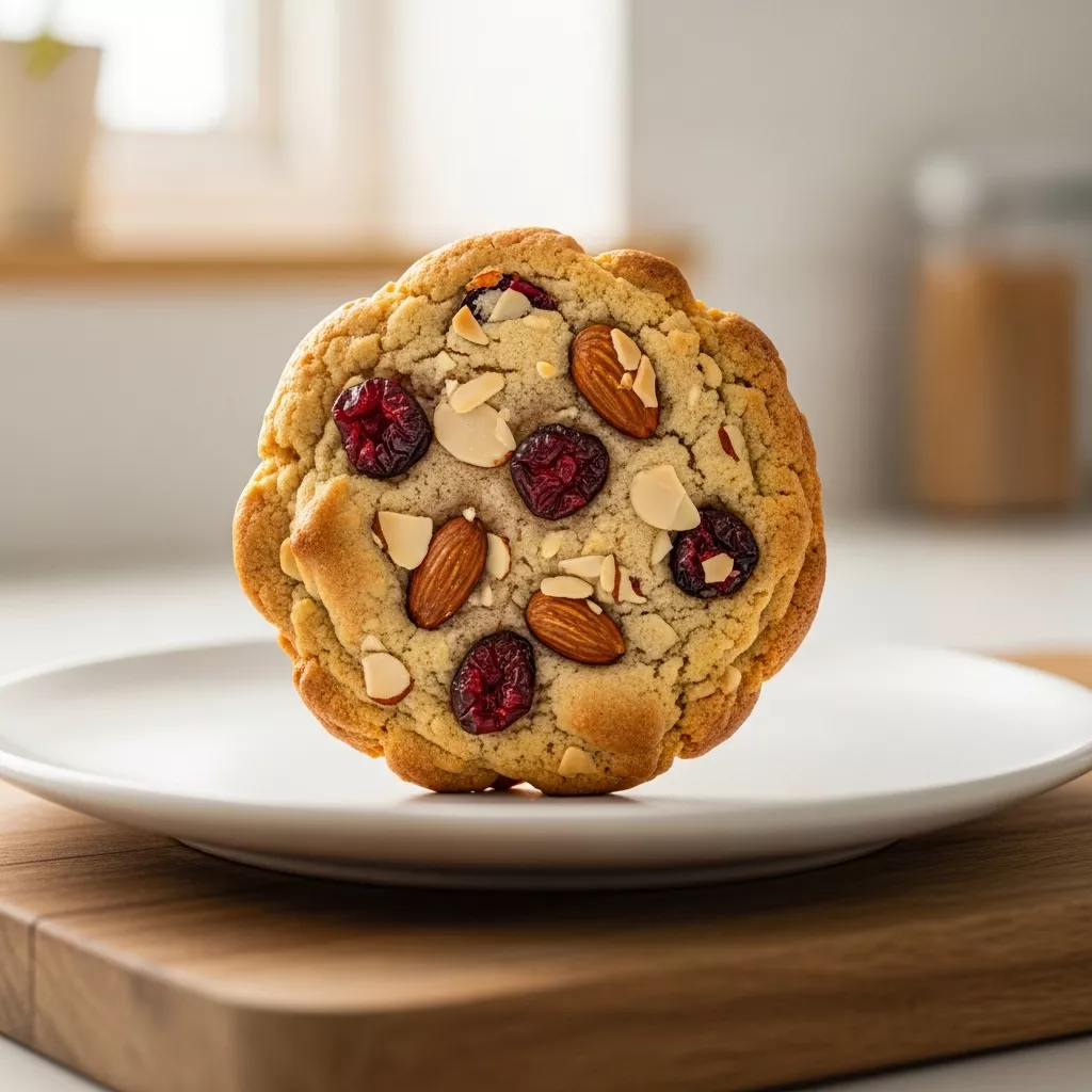 A close-up of a single, perfectly baked chewy almond cherry cookie recipe on a light plate, showcasing its golden edges, visible dried cherries, and toasted almonds